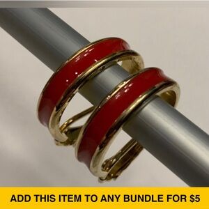 #J1014 - VTG Clip-On Red Hoop w/Gold-tone Earrings, NOT PIERCED